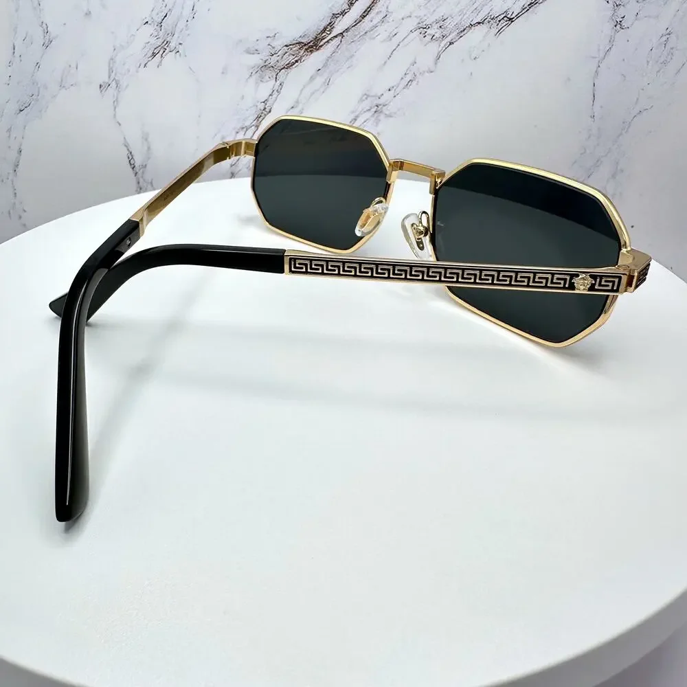 New VERSACE Sunglasses Gold Metal Rectangle Greca Logo Grey Lens Retro Authentic